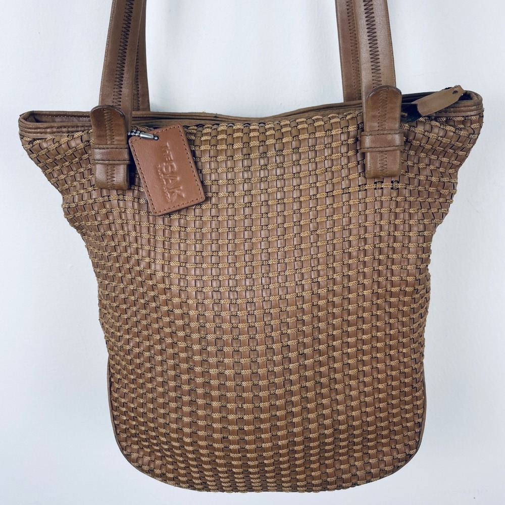 The Sak Elliott Lucca Brown Woven Leather Mixed Media Tote Shoulder Bag
